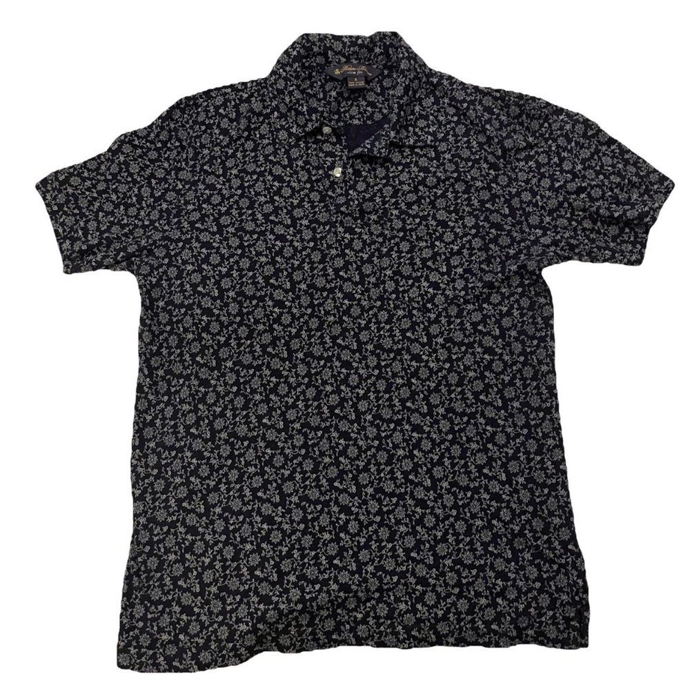 Brooks Brothers Polo Shirt Mens MEDIUM Navy White Floral Short Sleeve Cotton EUC